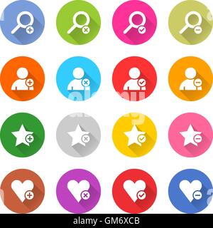 16 addition icon set 07 white sign on color . Web button on white background. Simple minimalistic mono flat long shadow style Stock Vector