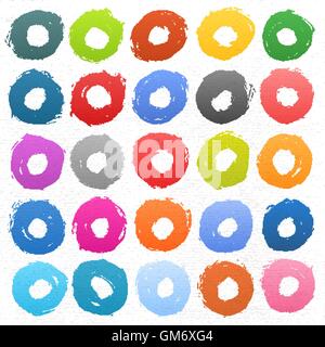 25 circle form colored brush stroke. Drawing created in ink sketch handmade technique. Shapes on white watercolor texture paper Stock Vector