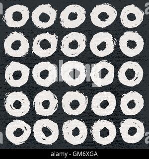 25 circle form white brush stroke. Drawing created in ink sketch handmade technique. Shapes on black paper watercolor texture Stock Vector