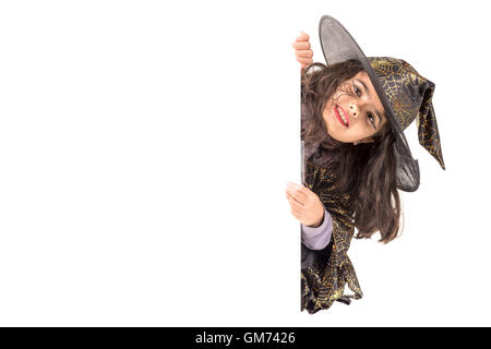 Girl with face-paint and Halloween witch costume isolated in white Stock Photo