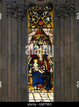 BATALHA, PORTUGAL - JULY 24, 2016: Stained Glass depicting Mother Mary and the Infant Jesus in the Monastery of Batalha in Portu Stock Photo
