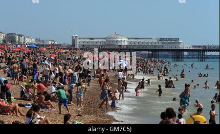 People enjoy the sun on Brighton Beach in Sussex, as a heatwave causes parts of the country to sizzle. Stock Photo