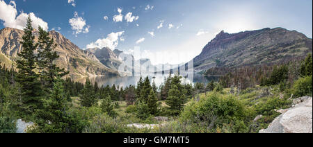 Panoramic View of Wild Goose Island in St. Mary Lake in Glacier National Park, Montana, United States. Stock Photo