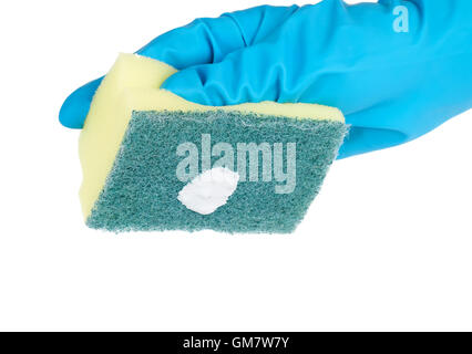 Hand in blue glove with sponge and a drop of cleaner