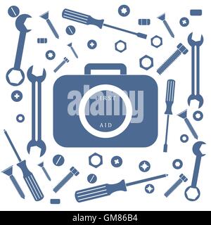 Nice picture of a colored bag with a variety of tools for quick repairs on a white background Stock Vector