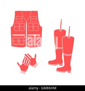 Stylized icon set of a colored vest, boots and gloves on a white background Stock Vector