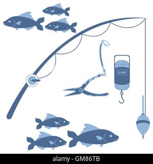 Stylized icon set of different tools for fishing and flocks of fish on a white background Stock Vector
