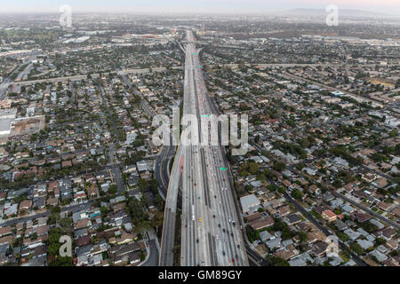 After sunset aerial of the San Diego 405 Freeway in Culver City and Los Angeles, California. Stock Photo