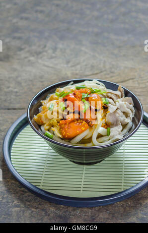 Korean hot spicy noodles with kimchi and seafood Stock Photo