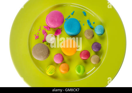 Colorful macaroons collection set on plate over white background Stock Photo