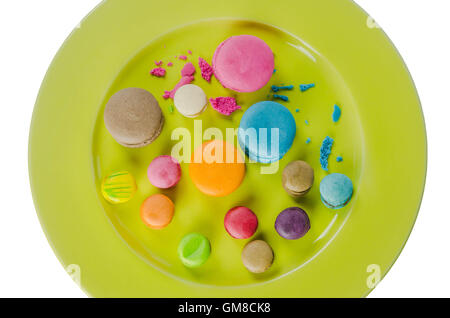 Colorful macaroons collection set on plate over white background Stock Photo