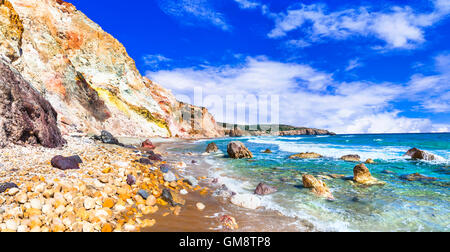 unique mineral colorful beaches of Milos island, Greece, Cyclades Stock Photo