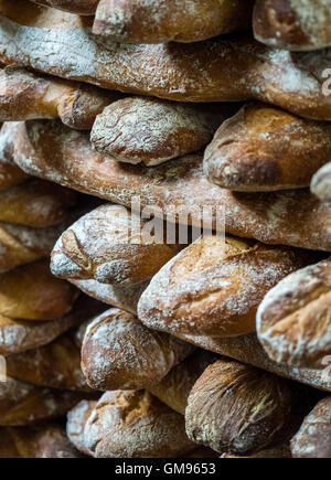 Close up of freshly baked baguettes on market stall in Borough market in London Stock Photo