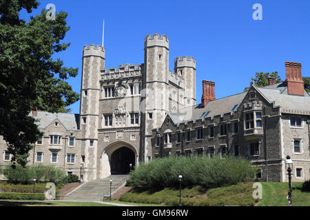 Collegiate Gothic architecture of Blair Hall with clock tower a ...