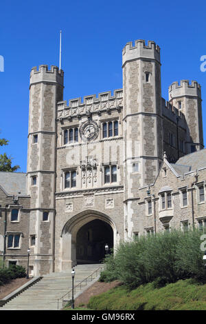 Collegiate Gothic architecture of Blair Hall with clock tower a ...