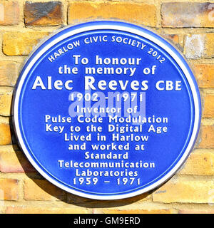 Blue Plaque on Harlow Essex England UK Civic Centre town hall wall to honour the memory of Alec Reeves CBE who invented Pulse Code Modulation Stock Photo