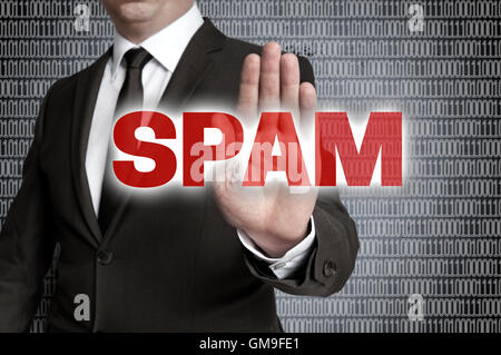 Spam with matrix is shown by businessman. Stock Photo