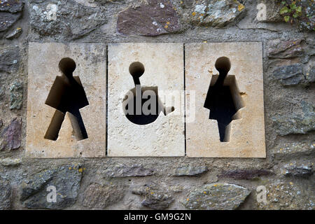 Wales St David's Pembroke. Sign for toilets carved in stone with symbols for man, woman , disabled Stock Photo