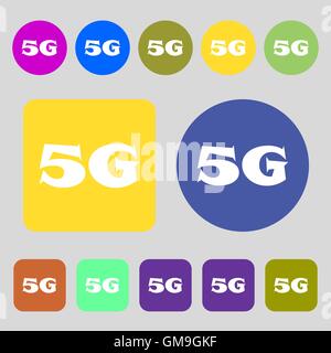 5G sign icon. Mobile telecommunications technology symbol. 12 colored buttons. Flat design. Vector Stock Vector