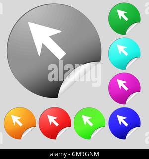 Cursor, arrow icon sign. Set of eight multi colored round buttons, stickers. Vector Stock Vector