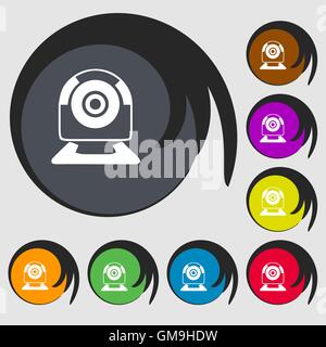 Webcam sign icon. Web video chat symbol. Camera chat. Symbols on eight colored buttons. Vector Stock Vector