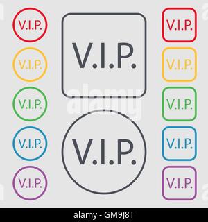 Vip sign icon. Membership symbol. Very important person. Symbols on the Round and square buttons with frame. Vector Stock Vector