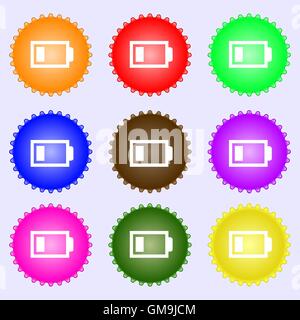 Battery low level sign icon. Electricity symbol. A set of nine different colored labels. Vector Stock Vector