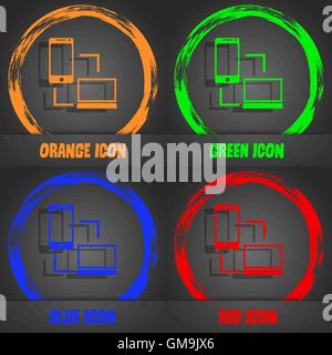 Synchronization sign icon. communicators sync symbol. Data exchange. Fashionable modern style. In the orange, green, blue, red design. Vector Stock Vector