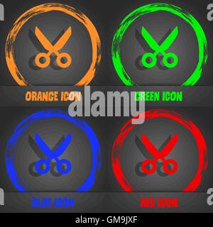 Scissors hairdresser sign icon. Tailor symbol. Fashionable modern style. In the orange, green, blue, red design. Vector Stock Vector