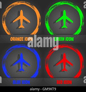 Airplane sign. Plane symbol. Travel icon. Flight flat label. Fashionable modern style. In the orange, green, blue, red design. Vector Stock Vector