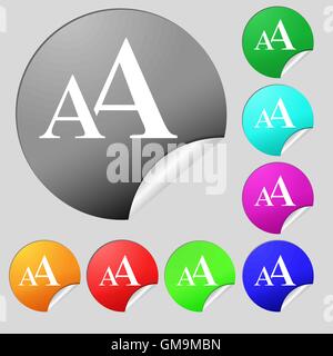 Enlarge font, AA icon sign. Set of eight multi colored round buttons, stickers. Vector Stock Vector