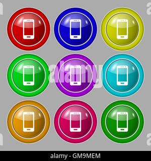 Smartphone sign icon. Support symbol. Call center. Symbol on nine round colourful buttons. Vector Stock Vector