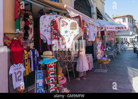 Colourful linen display at a shop in Gaia Quay, Portugal. Stock Photo