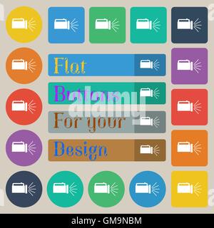 flashlight icon sign. Set of twenty colored flat, round, square and rectangular buttons. Vector Stock Vector