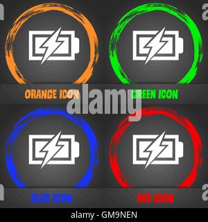 Battery charging sign icon. Lightning symbol. Fashionable modern style. In the orange, green, blue, red design. Vector Stock Vector