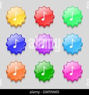 Music note icon sign. Symbols on nine wavy colourful buttons. Vector Stock Vector