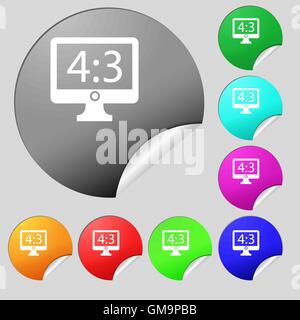 Aspect ratio 4 3 widescreen tv icon sign. Set of eight multi colored round buttons, stickers. Vector Stock Vector