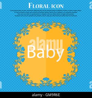 Baby on board sign icon. Infant in car caution symbol. Baby-pacifier nipple. Floral flat design on a blue abstract background with place for your text. Vector Stock Vector