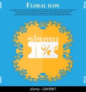 ticket discount icon sign. Floral flat design on a blue abstract background with place for your text. Vector Stock Vector