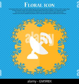 satellite antenna . Floral flat design on a blue abstract background with place for your text. Vector Stock Vector