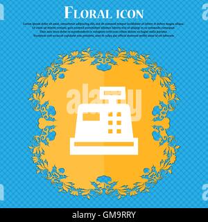 Cash register . Floral flat design on a blue abstract background with place for your text. Vector Stock Vector