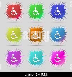 Disabled sign icon. Human on wheelchair symbol. Handicapped invalid sign. Nine original needle buttons. Vector Stock Vector
