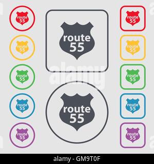 Route 55 highway icon sign. Symbols on the Round and square buttons with frame. Vector Stock Vector