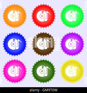 CD or DVD icon sign. A set of nine different colored labels. Vector Stock Vector