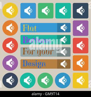 Mute speaker sign icon. Sound symbol. Set of twenty colored flat, round, square and rectangular buttons. Vector Stock Vector