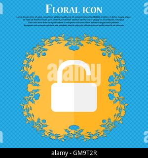 Open Padlock icon. Floral flat design on a blue abstract background with place for your text. Vector Stock Vector