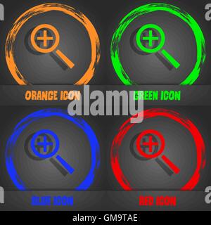 Magnifier glass, Zoom tool icon sign. Fashionable modern style. In the orange, green, blue, red design. Vector Stock Vector