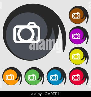 Photo camera sign icon. Digital photo camera symbol. Symbols on eight colored buttons. Vector Stock Vector