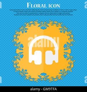Headphones, Earphones . Floral flat design on a blue abstract background with place for your text. Vector Stock Vector