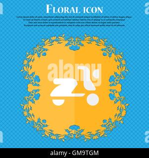Scooter, bike . Floral flat design on a blue abstract background with place for your text. Vector Stock Vector